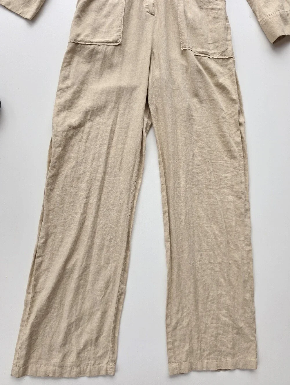 Zara Beige Linen Blend Button Front Collared Wide Leg Jumpsuit